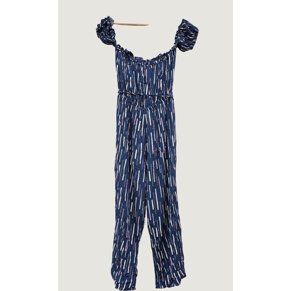 Lulus Navy Blue Abstract Stripe Off Shoulder Jumpsuit Medium Puff Sleeve Boho - Picture 5 of 8